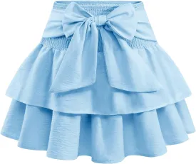 Women's Girls Bow Mini Skirt Flowy High Waisted Ruffle Hem Short Skirts Cute Boho A-Line Layered Skater Skirt