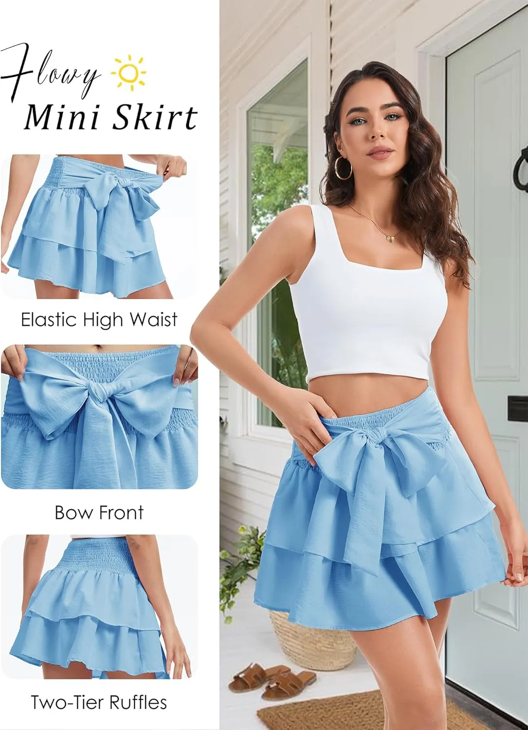 Women's Girls Bow Mini Skirt Flowy High Waisted Ruffle Hem Short Skirts Cute Boho A-Line Layered Skater Skirt