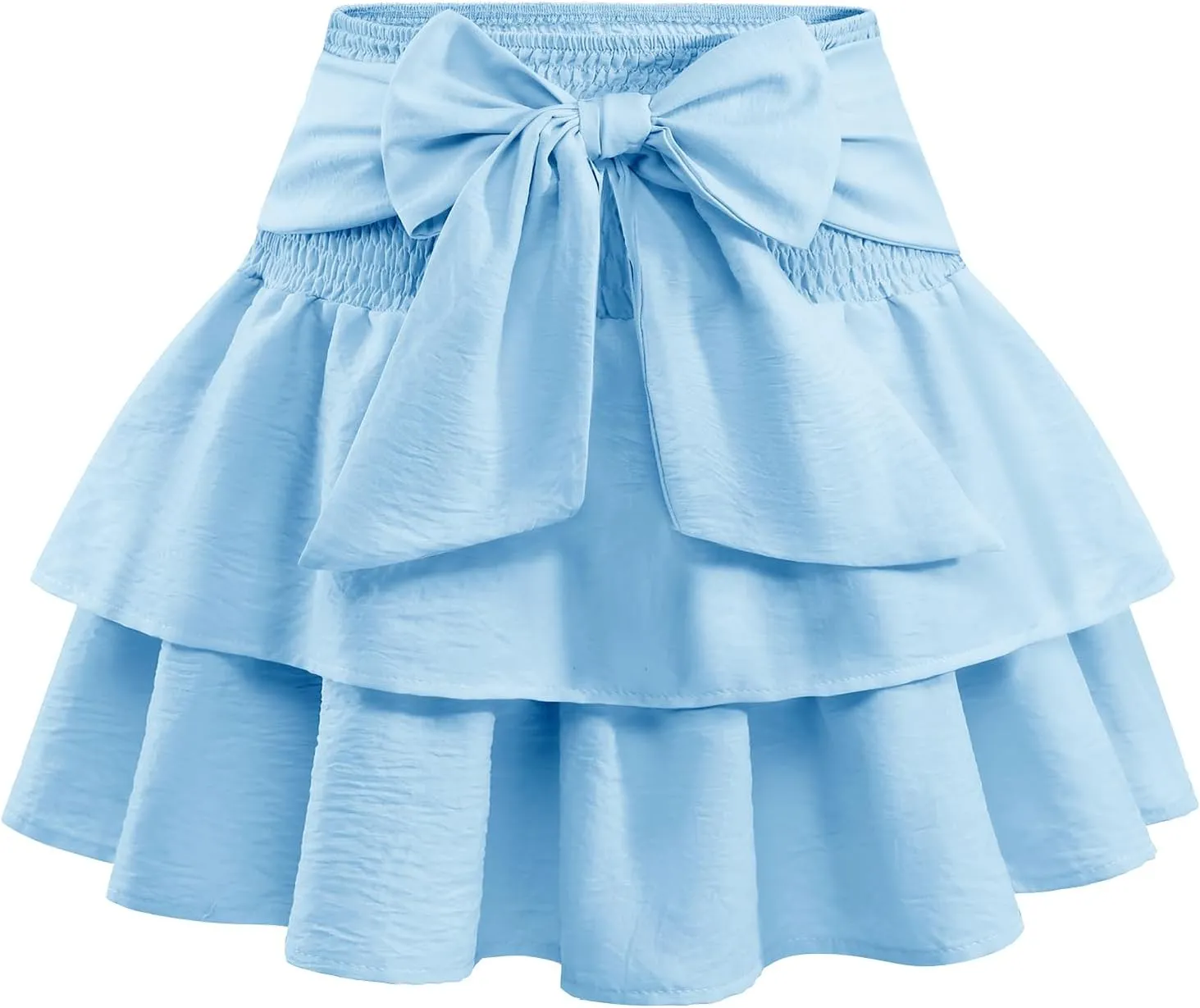 Women's Girls Bow Mini Skirt Flowy High Waisted Ruffle Hem Short Skirts Cute Boho A-Line Layered Skater Skirt