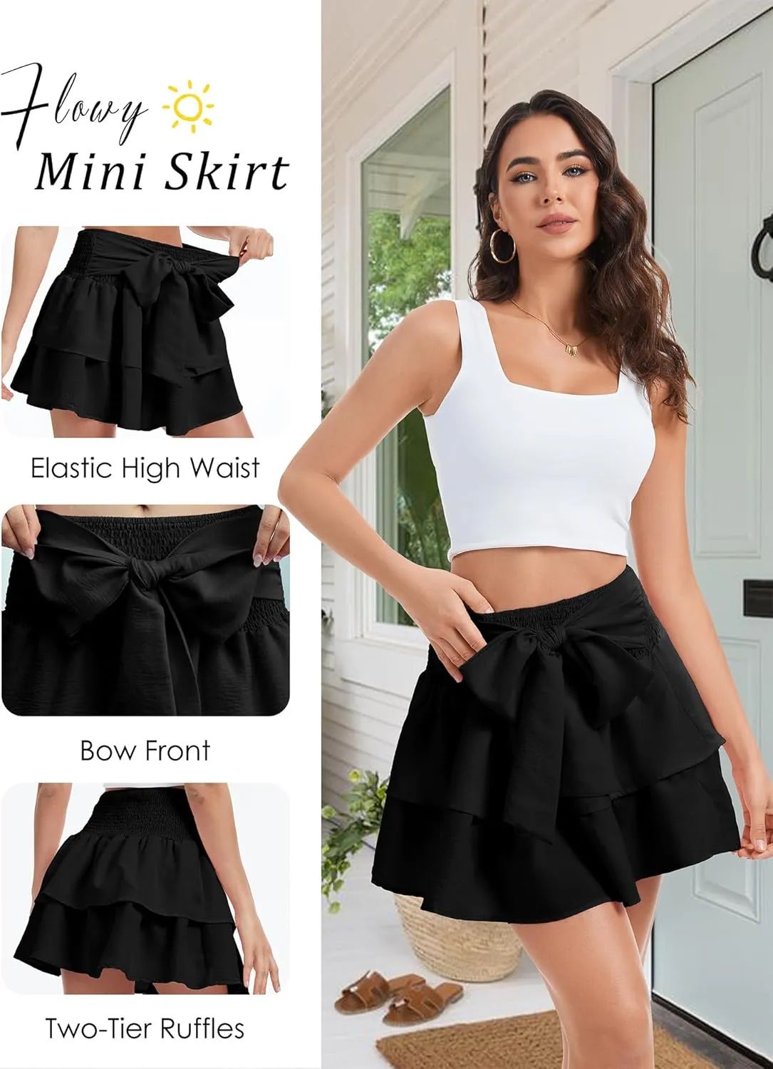 Women's Girls Bow Mini Skirt Flowy High Waisted Ruffle Hem Short Skirts Cute Boho A-Line Layered Skater Skirt