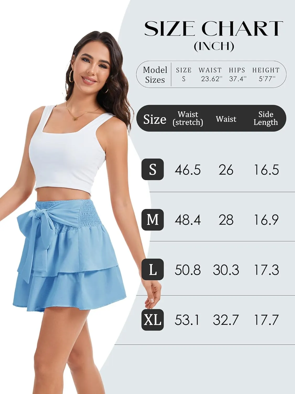 Women's Girls Bow Mini Skirt Flowy High Waisted Ruffle Hem Short Skirts Cute Boho A-Line Layered Skater Skirt