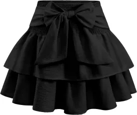 Women's Girls Bow Mini Skirt Flowy High Waisted Ruffle Hem Short Skirts Cute Boho A-Line Layered Skater Skirt