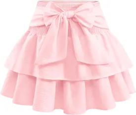 Women's Girls Bow Mini Skirt Flowy High Waisted Ruffle Hem Short Skirts Cute Boho A-Line Layered Skater Skirt