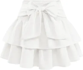 Women's Girls Bow Mini Skirt Flowy High Waisted Ruffle Hem Short Skirts Cute Boho A-Line Layered Skater Skirt