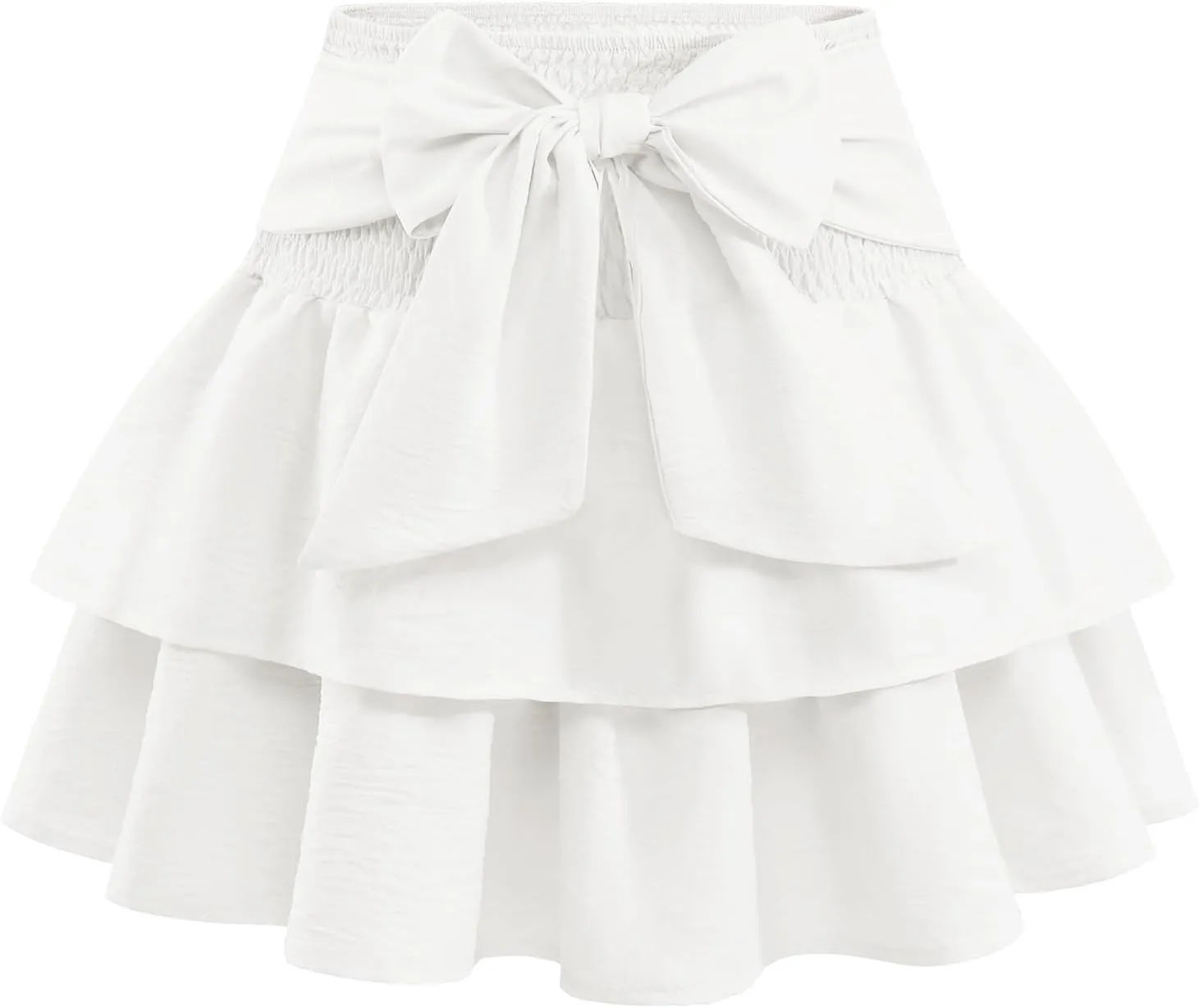Women's Girls Bow Mini Skirt Flowy High Waisted Ruffle Hem Short Skirts Cute Boho A-Line Layered Skater Skirt