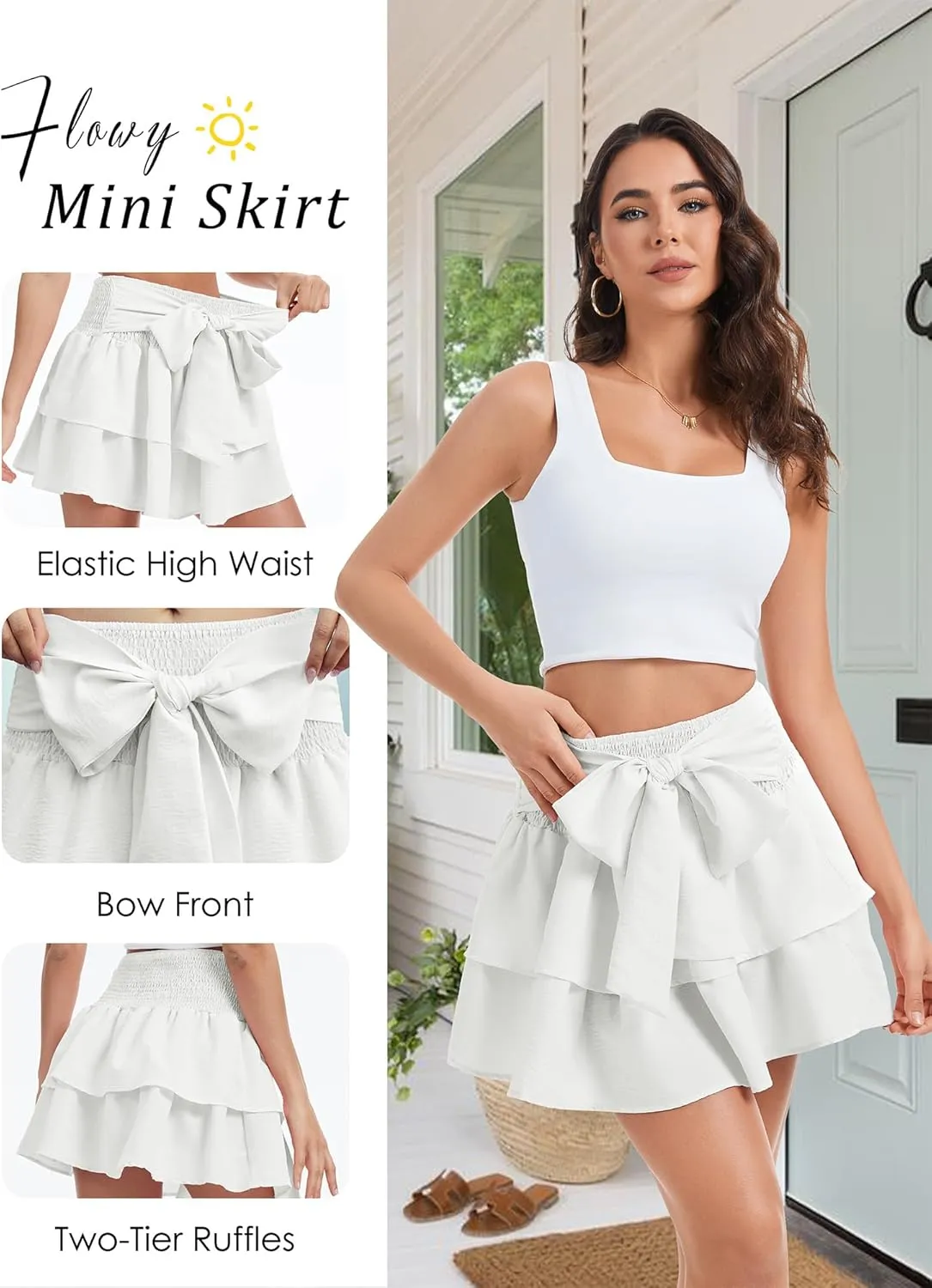Women's Girls Bow Mini Skirt Flowy High Waisted Ruffle Hem Short Skirts Cute Boho A-Line Layered Skater Skirt