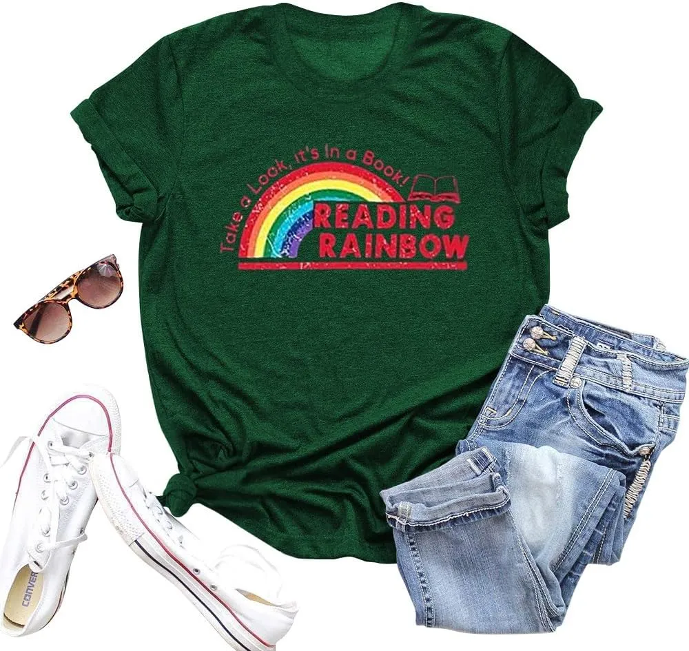 Womens Reading Rainbow Book Shirts Book Lover Shirt Teachers Reading Book Character Tee Top
